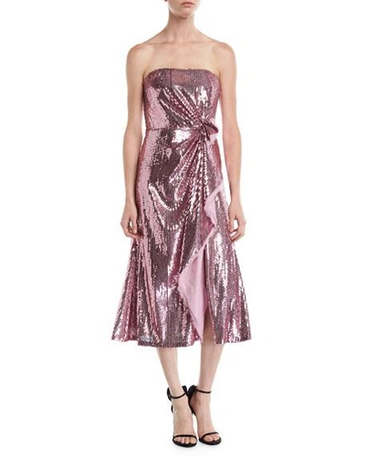 Prabal Gurung Strapless Ruched-side Sequin Midi Cocktail Dress In Lilac