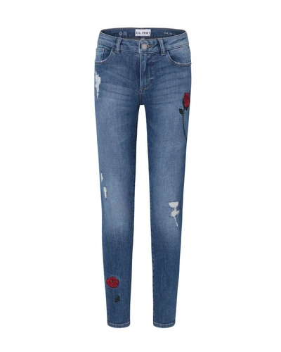 Dl Premium Denim Girls' Medium Wash Distressed Skinny Jeans W/ Rose Embroidery In Blue