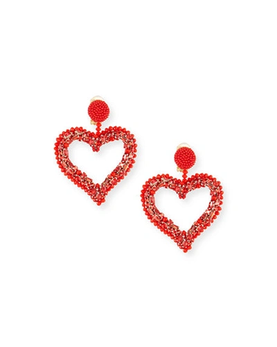 Oscar De La Renta Beaded Heart Clip-on Earrings In Red