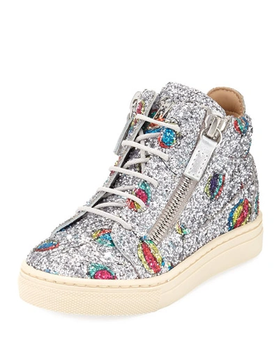 Giuseppe Zanotti Glittered Balloon Leather High-top Sneakers, Toddler In Gray