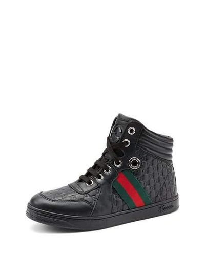 Gucci Junior Leather High-top Sneaker With Web Detail In Black