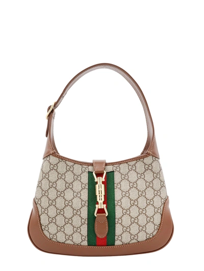 Gucci Gg Supreme Fabric And Leather Shoulder Bag With Iconic Web Band In Brown