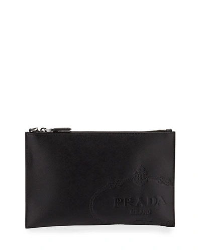 Prada Men's Logo-embossed Leather Portfolio Case In Black
