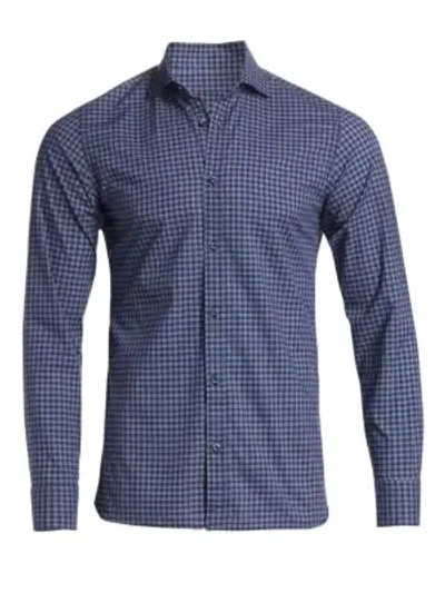 Z Zegna Tonal Check Woven Cotton Shirt In Blue