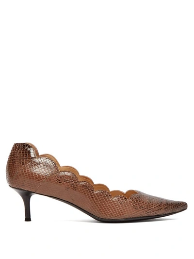 Chloé Women's Lauren Pointed Toe Snakeskin-embossed Leather Kitten-heel Pumps In Coconut Brown