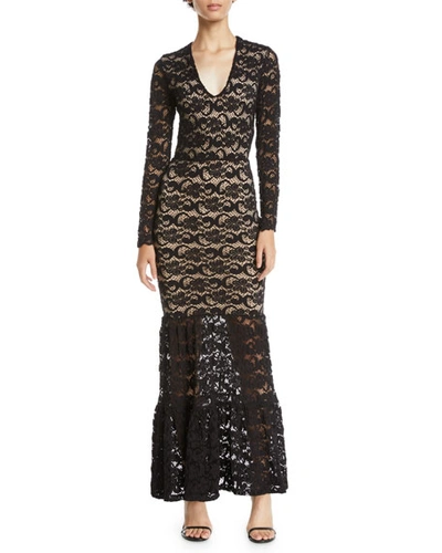 Nightcap Clothing Dixie Lace Long-sleeve Martini Gown In Black