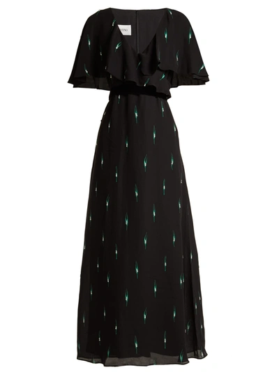 Valentino Short-sleeve Leaf-print Long Silk Georgette Dress In Black