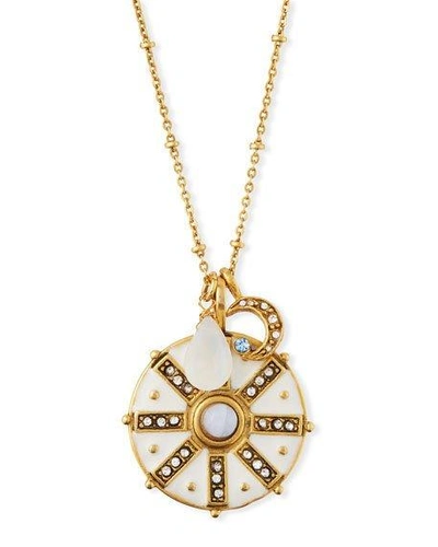 Sequin Compass Talisman Pendant Necklace W/ White Enamel In Gold