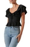 Astr Ruffle Puff Sleeve Satin Peplum Blouse In Black