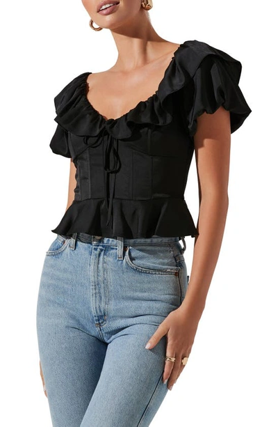 Astr Ruffle Puff Sleeve Satin Peplum Blouse In Black