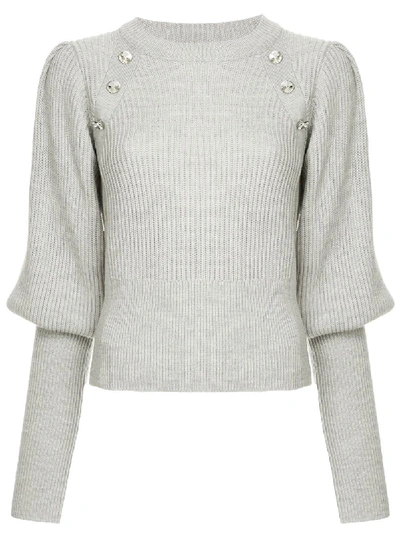Veronica Beard Jude Jeweled Crewneck Blouson-sleeve Wool Knit Sweater In Light Grey