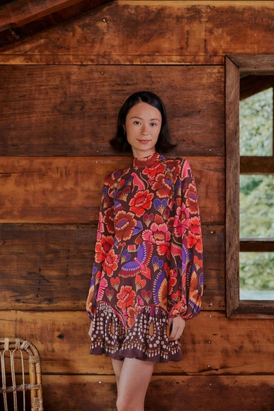 Farm Rio Brown Bright Flora Long Sleeve Mini Dress In Bright Flora Brown