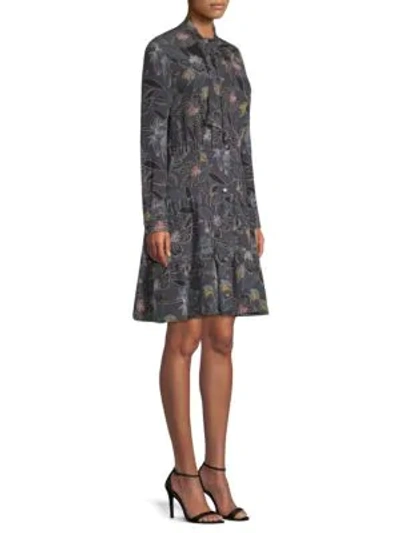 Becken Floral Silk Tiered Shirt Dress In Grey