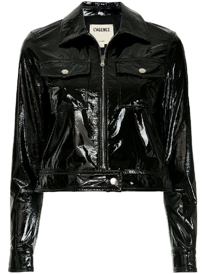 L Agence Lex Cropped Textured Patent-leather Jacket In Black