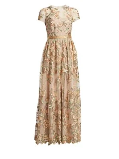 ml Monique Lhuillier Sheer Floral Overlay Satin Gown In Gold Mutli