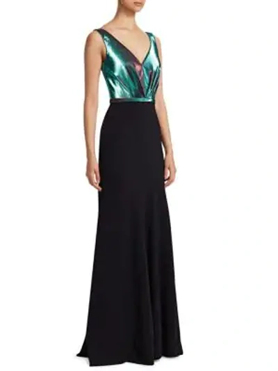 Theia V-neck Lamé Mermaid Gown In Teal Black