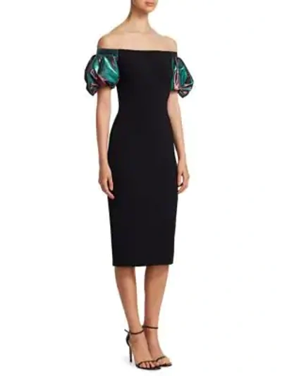 Theia Off-the-shoulder Lamé Cocktail Dress In Teal Black