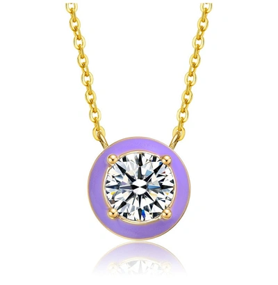 Rachel Glauber 14k Yellow Gold Plated With Clear Cubic Zirconia Purple Enamel Round Pendant Necklace In Green