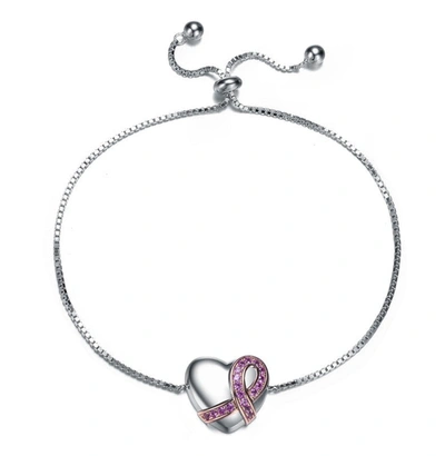 Rachel Glauber Teens/young Adults White Gold Plated With Heart Charm Adjustable Bracelet In Silver