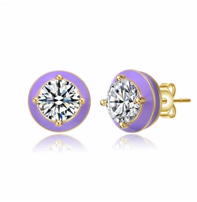 Rachel Glauber Young Adults/teens 14k Yellow Gold Plated With Clear Cubic Zirconia Amethyst Enamel Round Stud Earri In Green