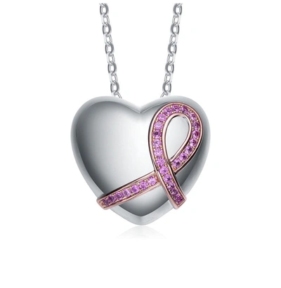 Rachel Glauber Two Tone With Pink Cubic Zirconia Heart Pendant Necklace In Silver