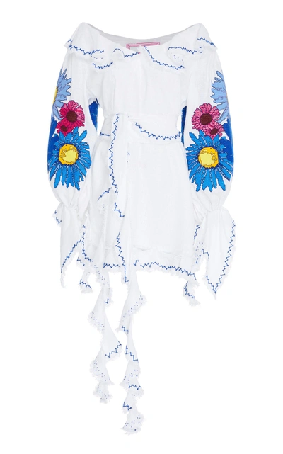 Yuliya Magdych Loves Me Loves Me Not Embroidered Linen Apron Dress In White