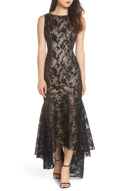 Eliza J Sequin & Lace High/low Trumpet Gown In Black Nude