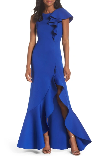 Eliza J Asymmetric Ruffle Scuba Gown In Royal