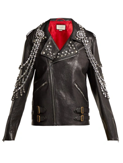 Gucci Back Logo Crystal Embellished Biker Jacket In Black/ White