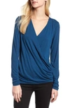 Bobeau Faux Wrap Knit Top In Teal