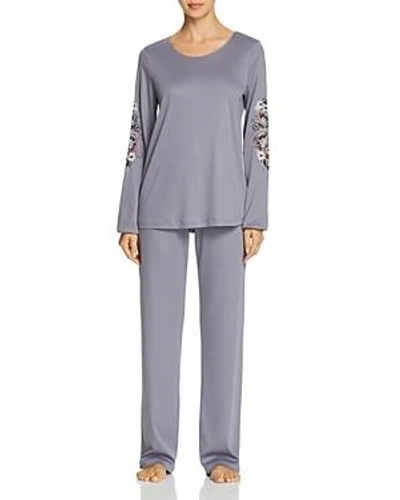 Hanro Jana Embroidered Long Sleeve Cotton Pajama Set In Pale Blue