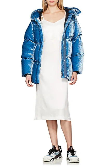 Moncler Caille Velvet Puffer Coat W/ Detachable Hood In Medium Blue