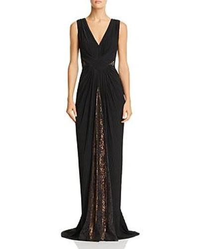 Tadashi Shoji Pintuck Jersey & Lace V-neck Gown In Black/ Nude