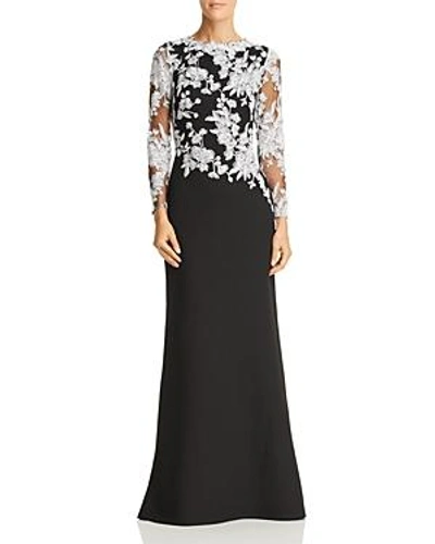 Tadashi Shoji Embroidered-bodice Crepe Gown In Ivory/black