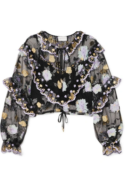 Alice Mccall Ruffled Embroidered Tulle Blouse In Black
