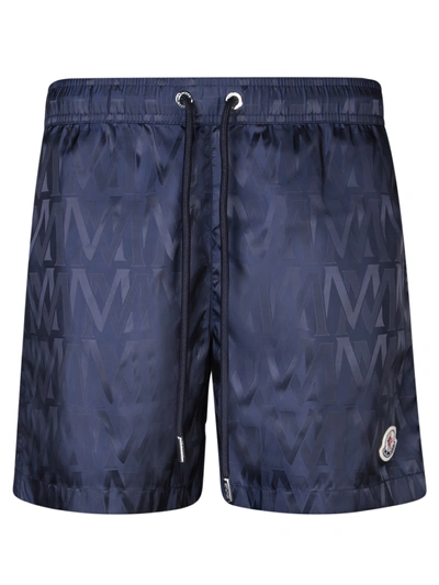 Moncler All-over Logo Blue Swimsuit In Grey