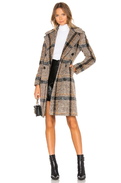 Kendall + Kylie Double-breasted Button Front Plaid Coat In Brown Plaid