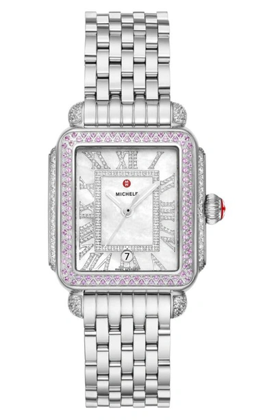 Michele Deco Madison Pink Sapphire & Diamond Bracelet Watch, 35mm In Silver