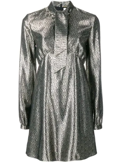 Saint Laurent Pussy Bow Metallic Dress In Silver