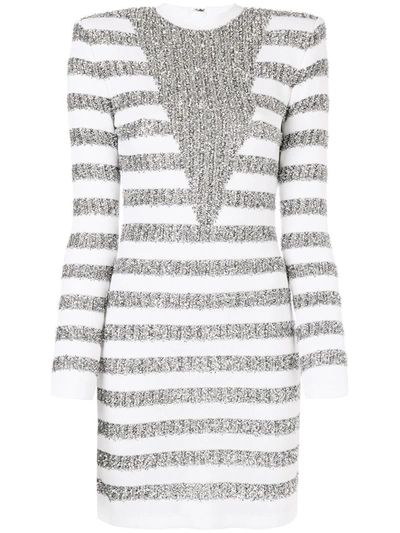 Balmain Striped Tinsel And Open-knit Mini Dress In Neutral