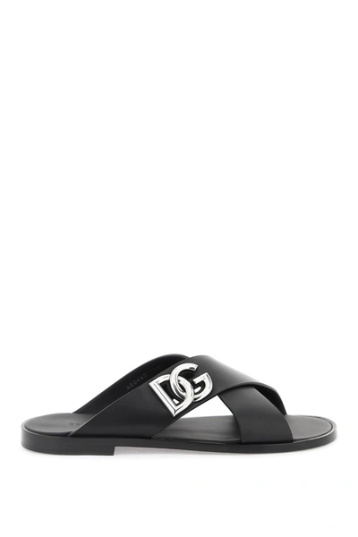Dolce & Gabbana Sandali In Pelle Con Logo Dg In Black