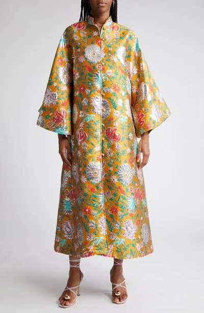 La Vie Style House Metallic Floral Caftan In Gold