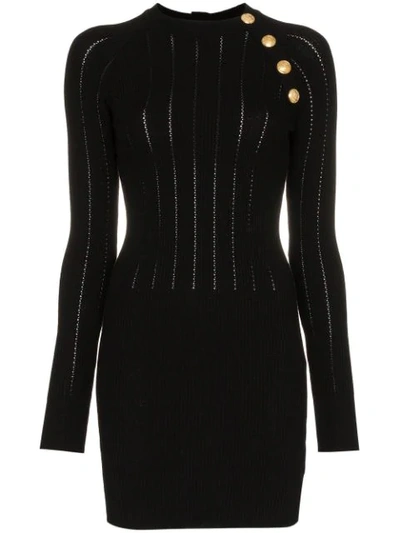 Balmain Button Detail Wool-blend Mini Dress In Black