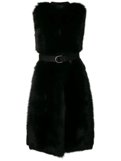 Blancha Belted Long Fur Gilet - Black