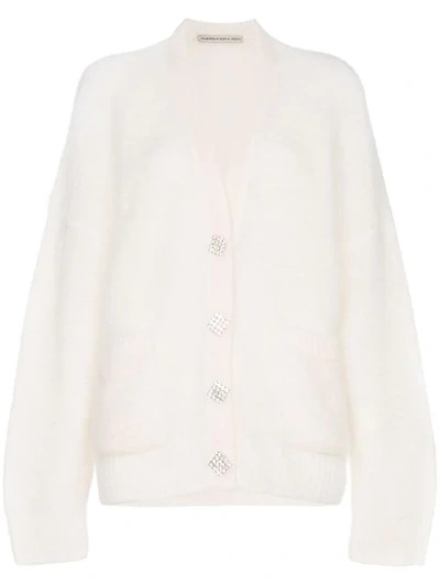 Alessandra Rich Mohair Cardigan With Crystal Button In White