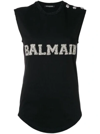 Balmain Crystal-embellished Distressed Cotton-jersey Tank In Black