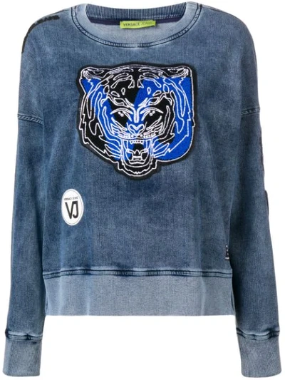 Versace Jeans Tiger Patch Applique Washed Sweatshirt In Blue