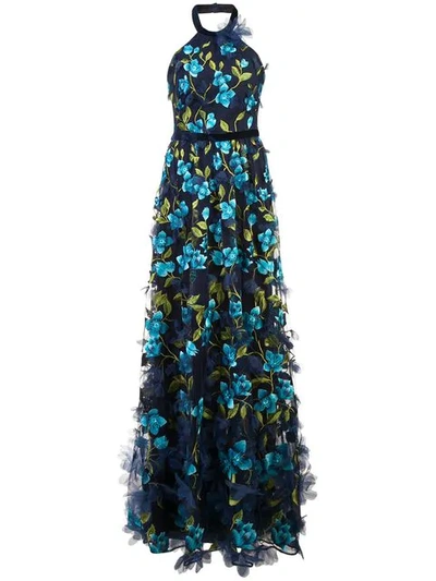 Marchesa Notte 3d Floral Halter Neck Gown In Blue