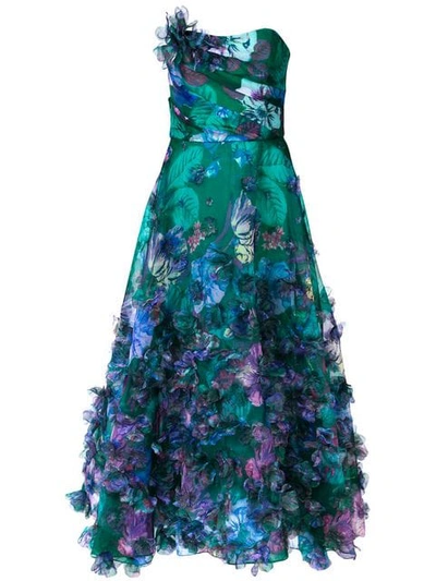 Marchesa Notte Strapless 3d Floral Embroidered Dress In Green