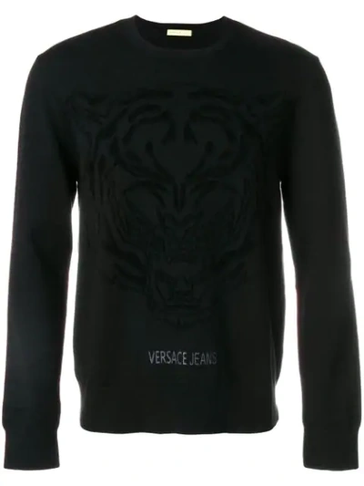 Versace Jeans Crew Neck Logo Printed Sweater In Black